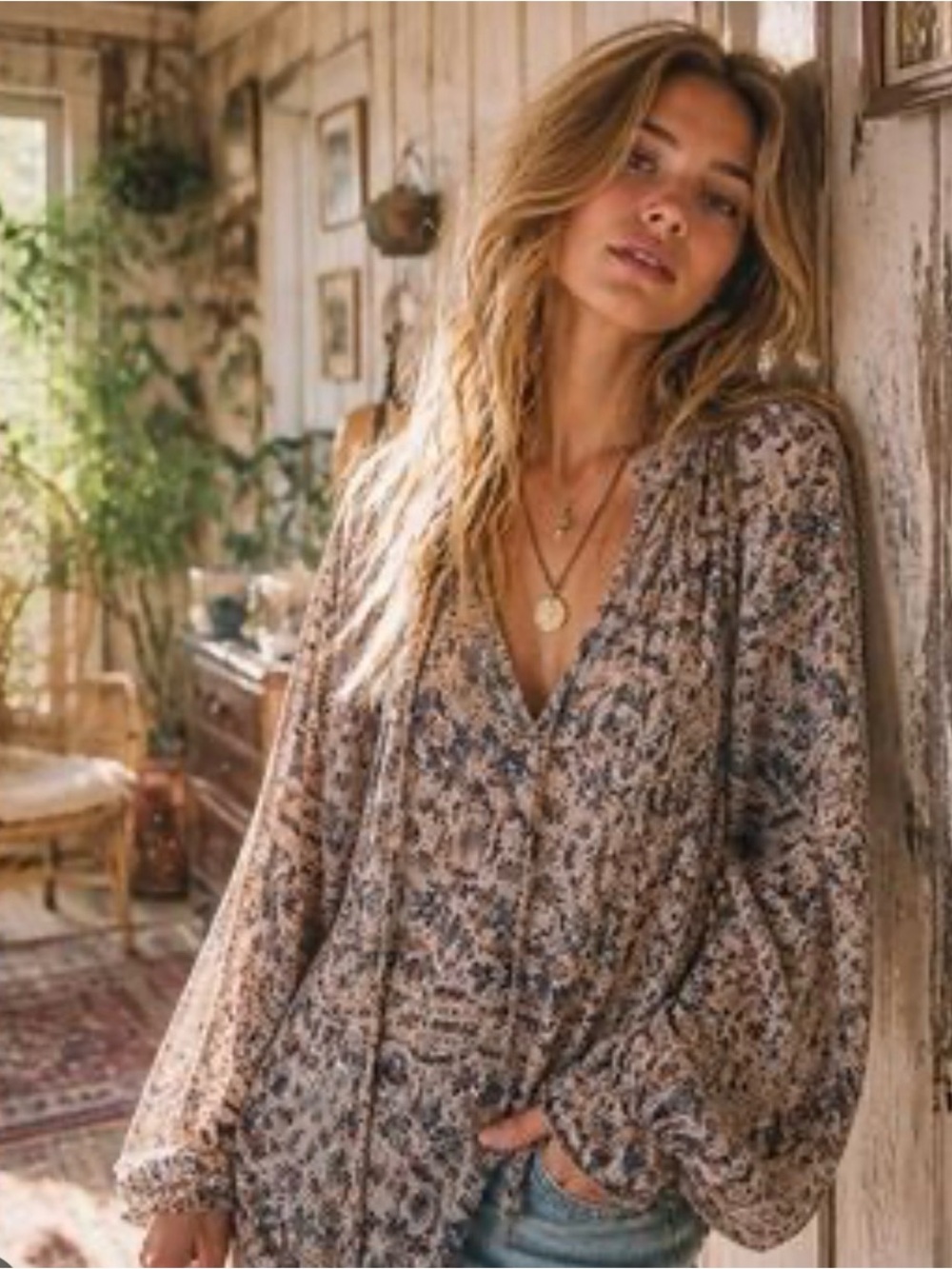 CAbi Floral Peasant Blouse in Dusty Rose and Blue